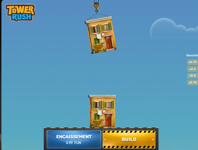Tower Rush : quatre étages posés, la colonne Résultats liste x0,75, x2,2, x0,8 et x0,75, Encaissement 0,99 FUN