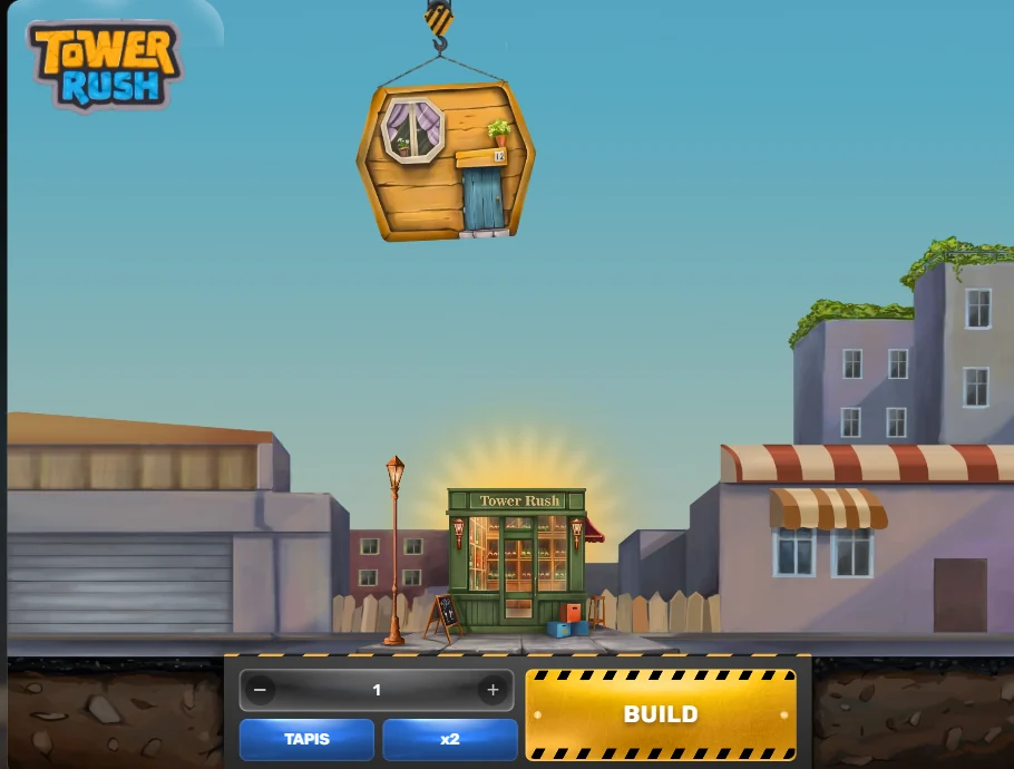 Tower Rush de Galaxsys : la grue tient un étage au-dessus de la boutique qui sert de socle